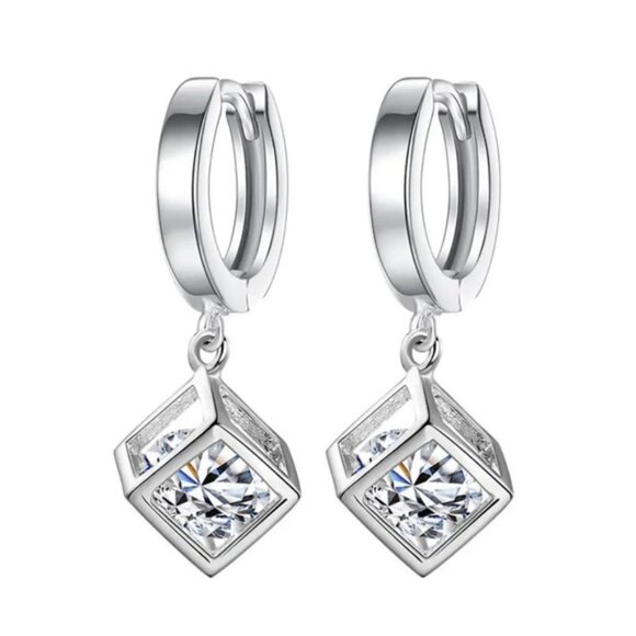 925 Sterling Silver Crystal Hollow Square Box Drop Earrings - Picture 7 of 7